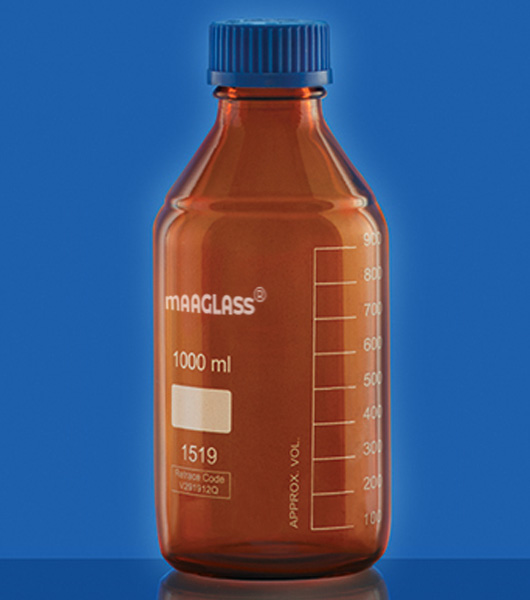 Reagent Bottles, Amber Graduated With Screw Cap and Pouring Ring